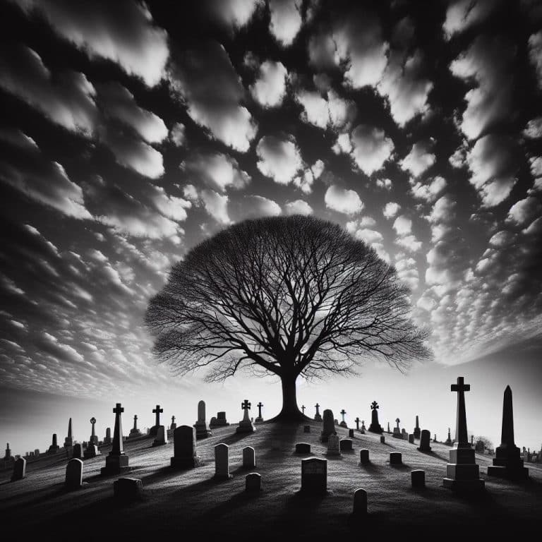 Arbre solitaire au milieu d'un cimetière, en noir et blanc