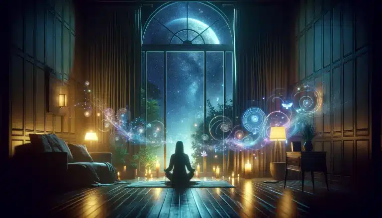Silhouette en méditation dans une pièce sombre traversée d'ondes lumineuses