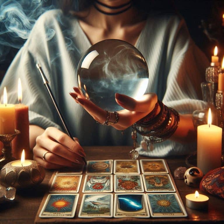 Mains au-dessus d'une boule de cristal et de cartes, entre des bougies allumées
