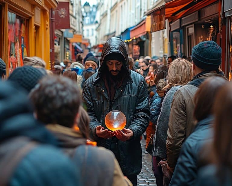Homme en capuche tenant une boule de cristal dans une rue animée