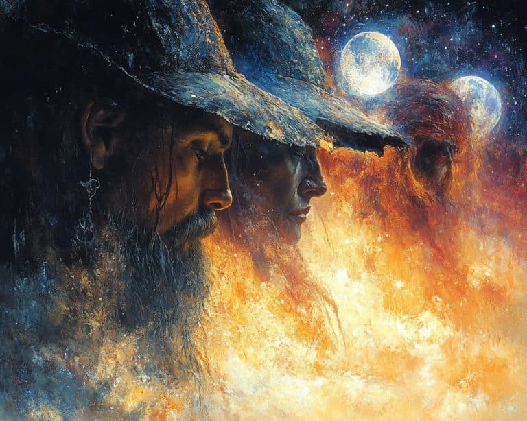 Portrait illustré d'un voyant au chapeau, entre flammes et lunes