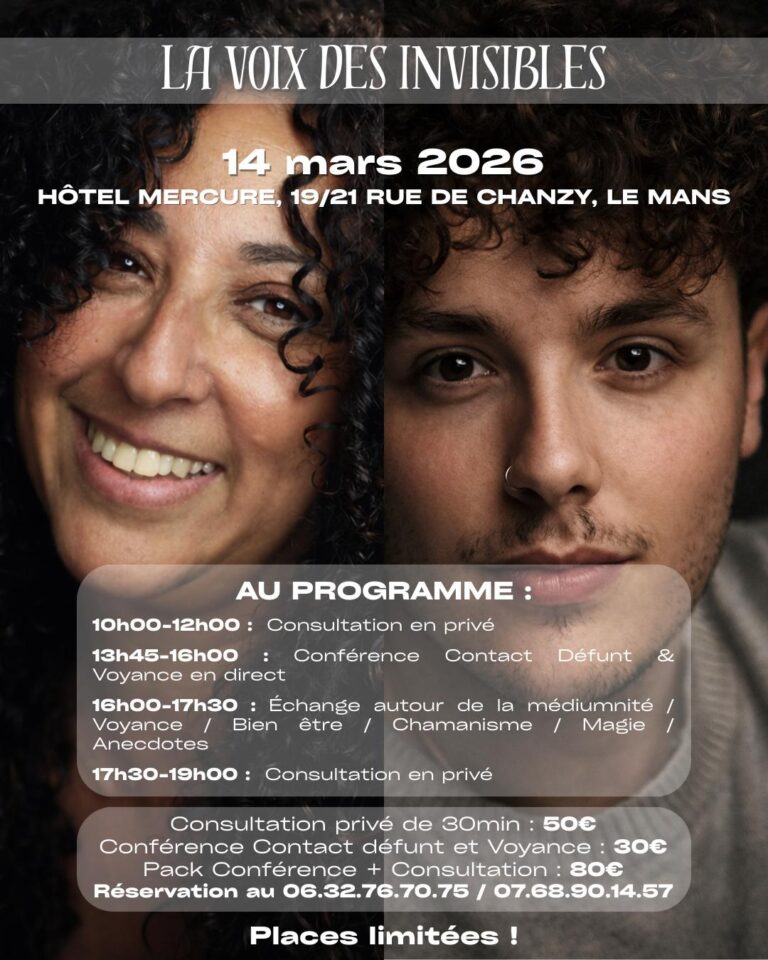 Affiche « La voix des invisibles » au Mans le 14 mars 2026 : conférence contacts défunts et consultations avec Aramenne