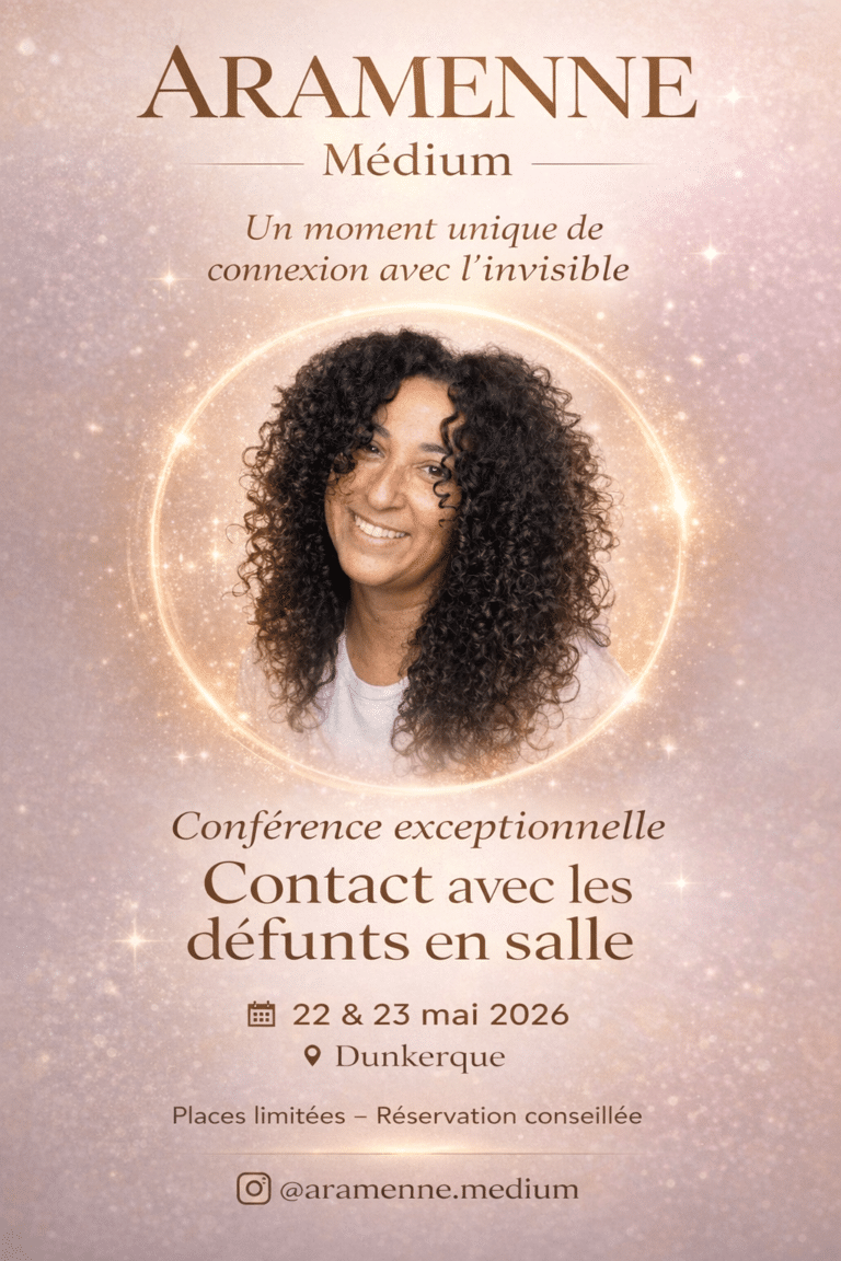 Affiche de la conférence d'Aramenne, contact avec les défunts en salle, à Dunkerque les 22 et 23 mai 2026